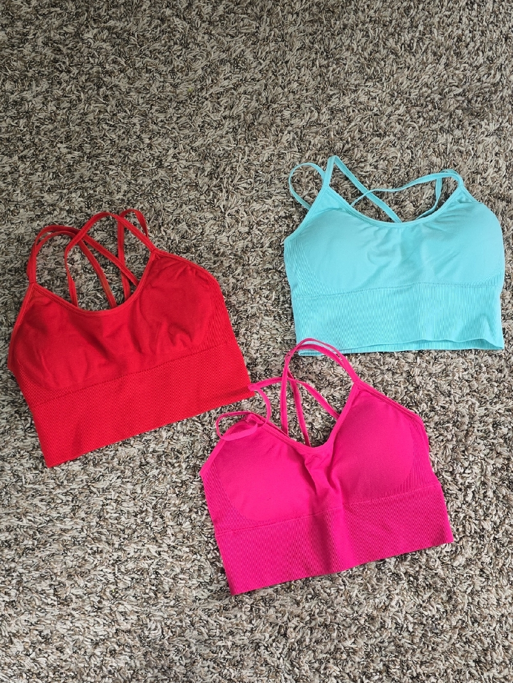 NVGTN 3-Pack Strappy Seamless Bralettes - Red, Aqua, Hot Pink